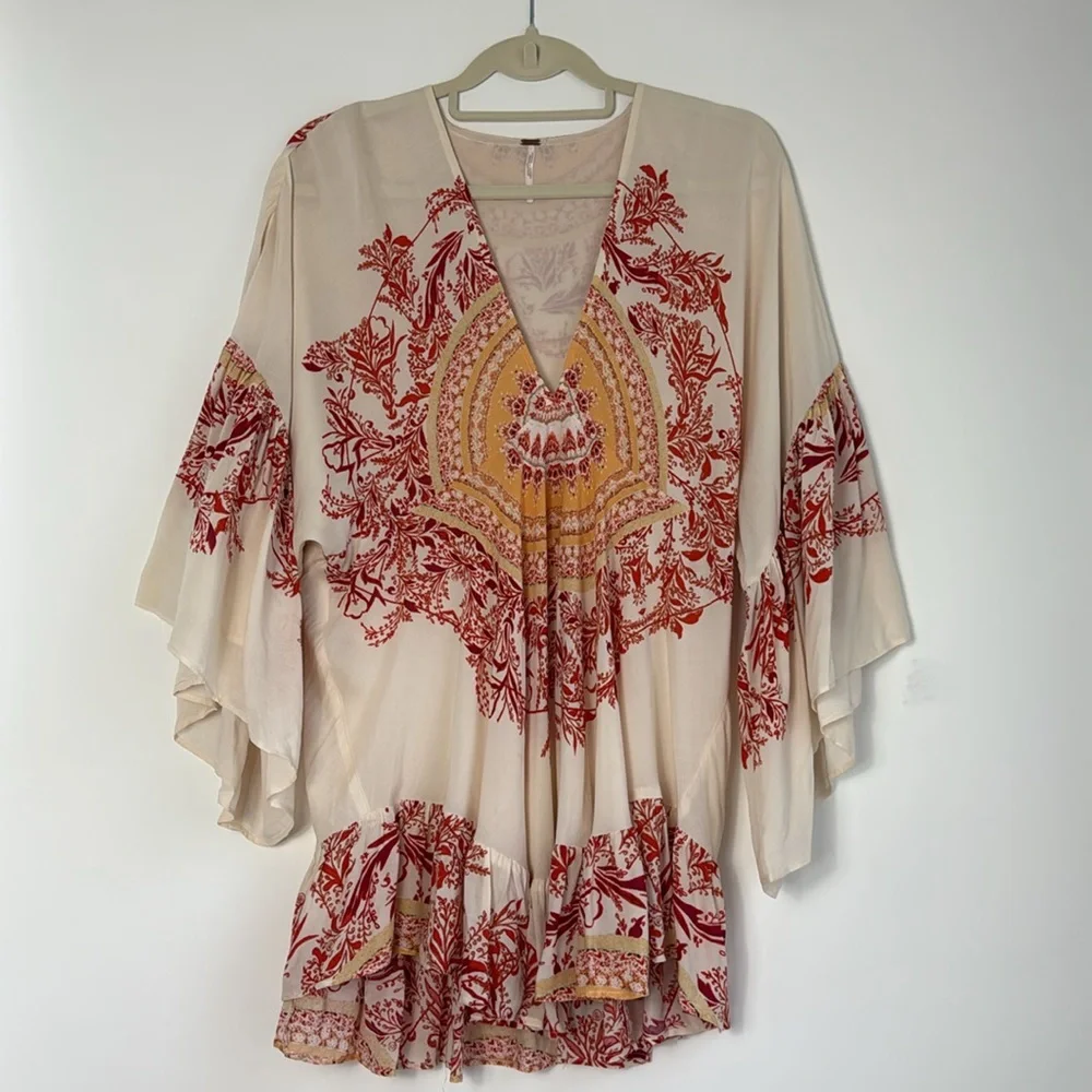 Free People Elegant Cream and Red Patterned Blouse size Small - Picture 1 of 9